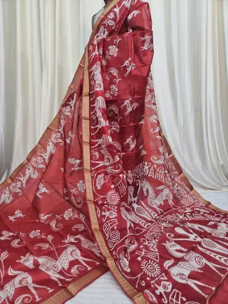 Crimson Red Mohini Pure Bangalore Silk Saree with Horse and Folk Motifs