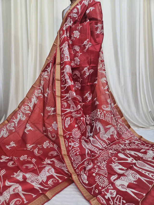 Crimson Red Mohini Pure Bangalore Silk Saree with Horse and Folk Motifs
