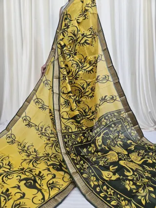 Lemon Yellow and Black Mohini Pure Bangalore Silk Saree with Bird Motifs