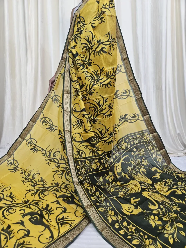 Lemon Yellow and Black Mohini Pure Bangalore Silk Saree with Bird Motifs