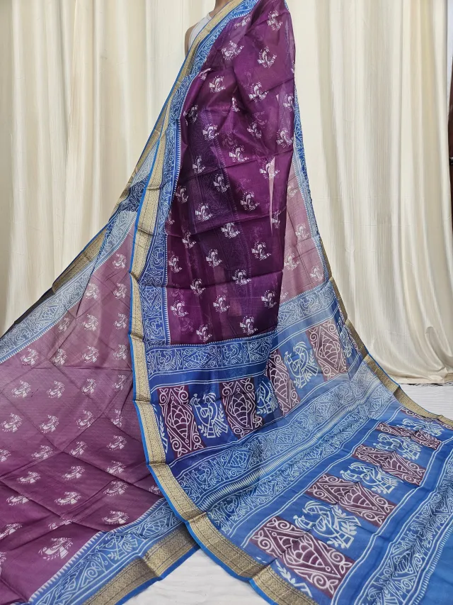 Magenta Purple and Royal Blue Mohini Pure Bangalore Silk Saree