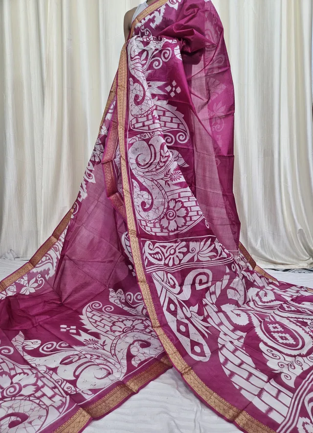 Wine Magenta Mohini Pure Bangalore Silk Saree with Peacock Motif