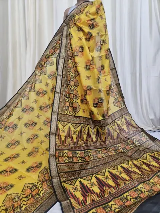 Haldi Yellow Mohini Pure Bangalore Silk Saree with Geometric Temple Motifs