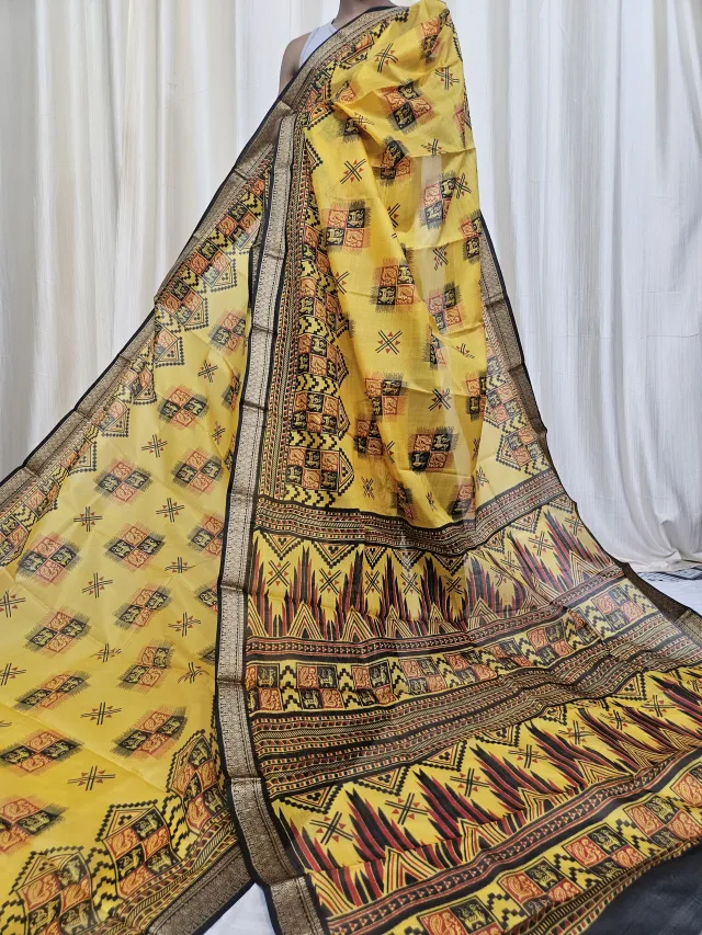 Haldi Yellow Mohini Pure Bangalore Silk Saree with Geometric Temple Motifs