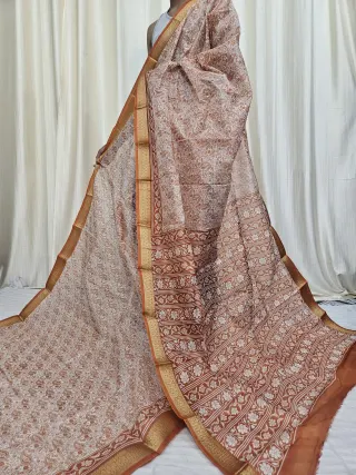 Off-White and Rust Orange Mohini Pure Bangalore Silk Saree
