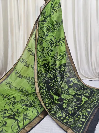 Parrot Green and Black Mohini Pure Bangalore Silk Saree with Bird Motifs