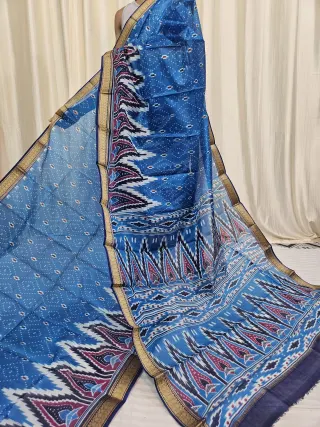 Cerulean Blue and Navy Mohini Pure Bangalore Silk Saree with Ikat Patterns