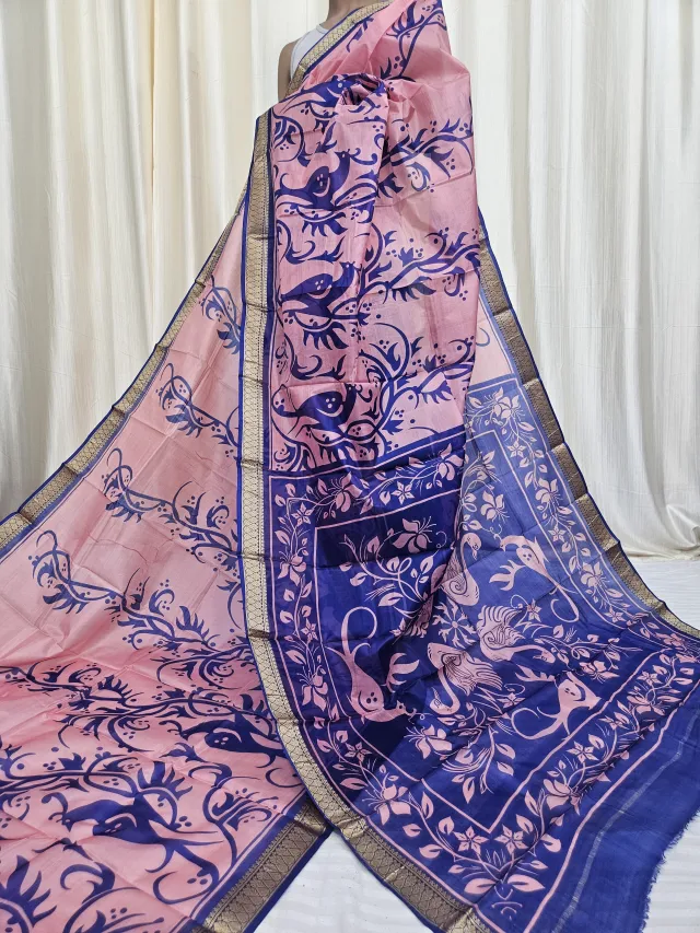 Peach Pink and Royal Blue Mohini Pure Bangalore Silk Saree with Bird Motifs