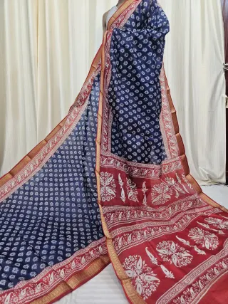 Navy Blue and Crimson Red Mohini Pure Bangalore Silk Saree