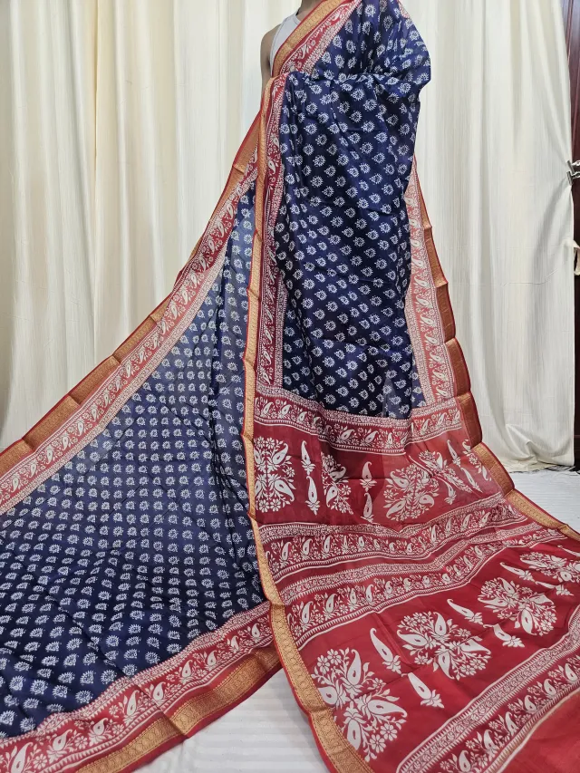 Navy Blue and Crimson Red Mohini Pure Bangalore Silk Saree