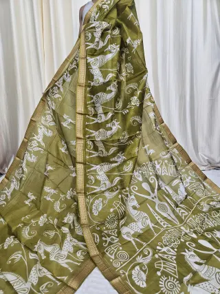 Olive Green Mohini Pure Bangalore Silk Saree with Horse and Folk Motifs