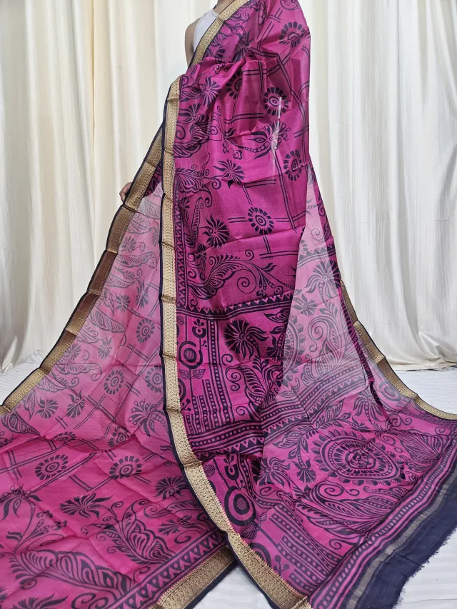 Orchid Pink and Navy Blue Mohini Pure Bangalore Silk Saree with Mandala Motifs