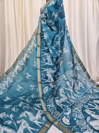 Peacock Blue Mohini Pure Bangalore Silk Saree with Horse and Folk Motifs