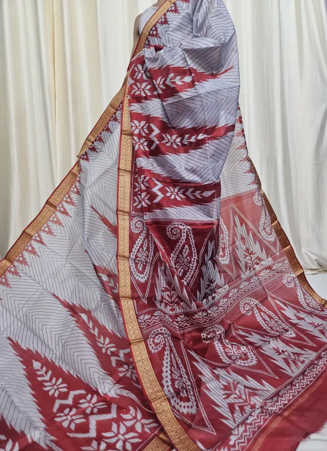 Off-White and Crimson Red Mohini Pure Bangalore Silk Saree