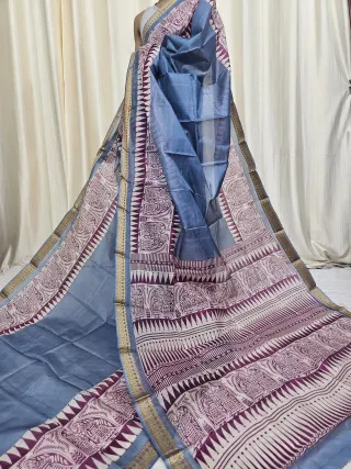 Slate Blue and Plum Mohini Pure Bangalore Silk Saree with Folk Art Motifs