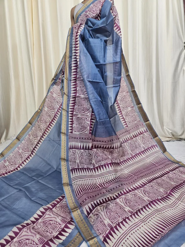 Slate Blue and Plum Mohini Pure Bangalore Silk Saree with Folk Art Motifs