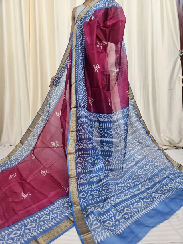 Wine Magenta and Cerulean Blue Mohini Pure Bangalore Silk Saree