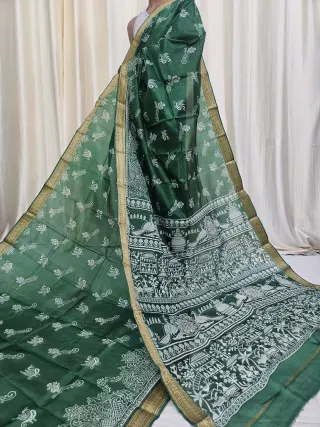 Bottle Green Mohini Pure Bangalore Silk Saree with Folk Art and Peacock Motifs