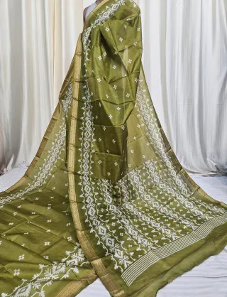 Olive Green Mohini Pure Bangalore Silk Saree with Geometric Ikat Motifs