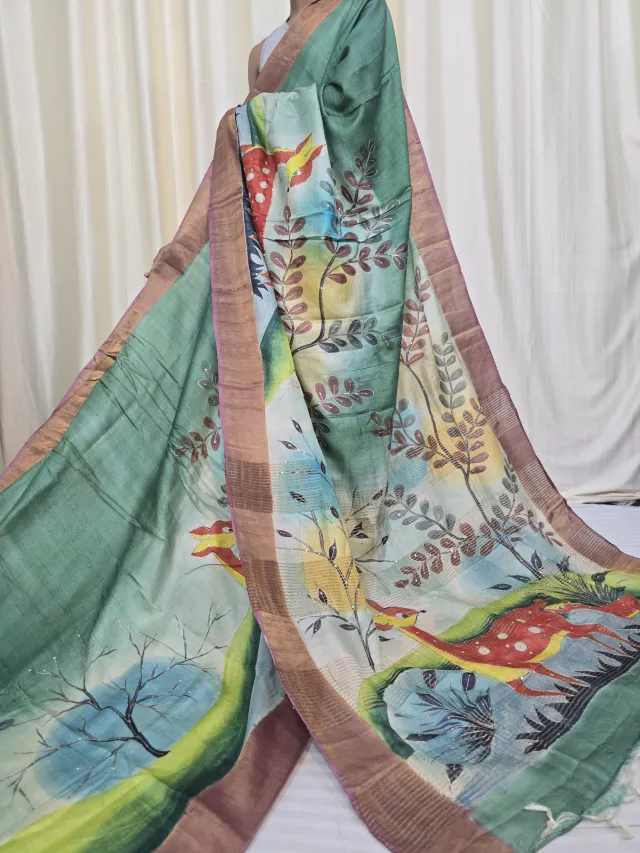 Pista Green Pure Gachi Tussar Silk Saree with Petai Work and Copper Jari Par