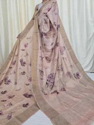 Natural Tussar and Purple Pure Gachi Tussar Silk Saree with Petai Work and Jari Par