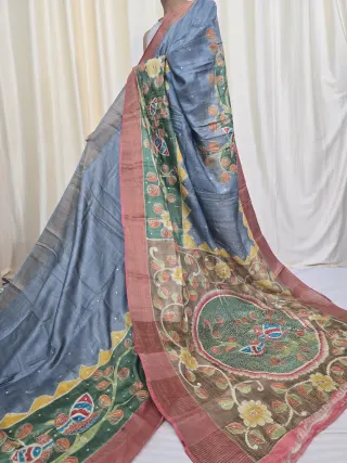 Grey and Brown Jari Par Pure Gachi Tussar Silk Saree with Petai Work