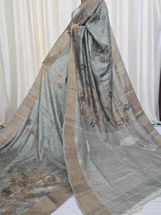 Steel Grey Jari Par Pure Gachi Tussar Silk Saree with Petai Work