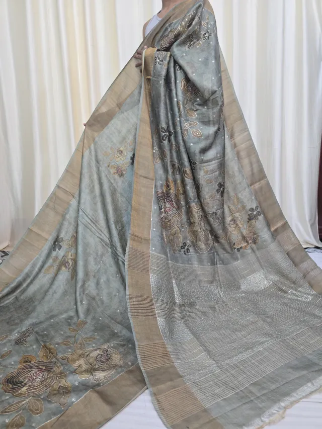 Steel Grey Jari Par Pure Gachi Tussar Silk Saree with Petai Work