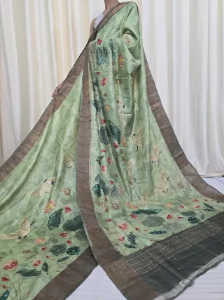 Pista Green Jari Par Pure Gachi Tussar Silk Saree with Petai Work Crane Motifs