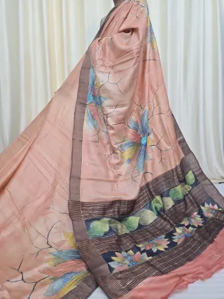 Peach Jari Par Pure Gachi Tussar Silk Saree with Petai Work Floral Motifs