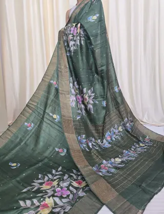 Bottle Green Jari Par Pure Gachi Tussar Silk Saree with Petai Work