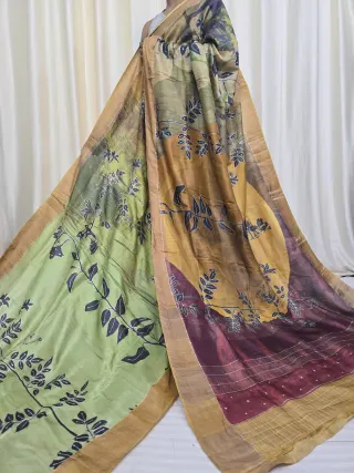 Pista Green, Mustard Yellow and Wine Jari Par Pure Gachi Tussar Silk Saree with Petai Work