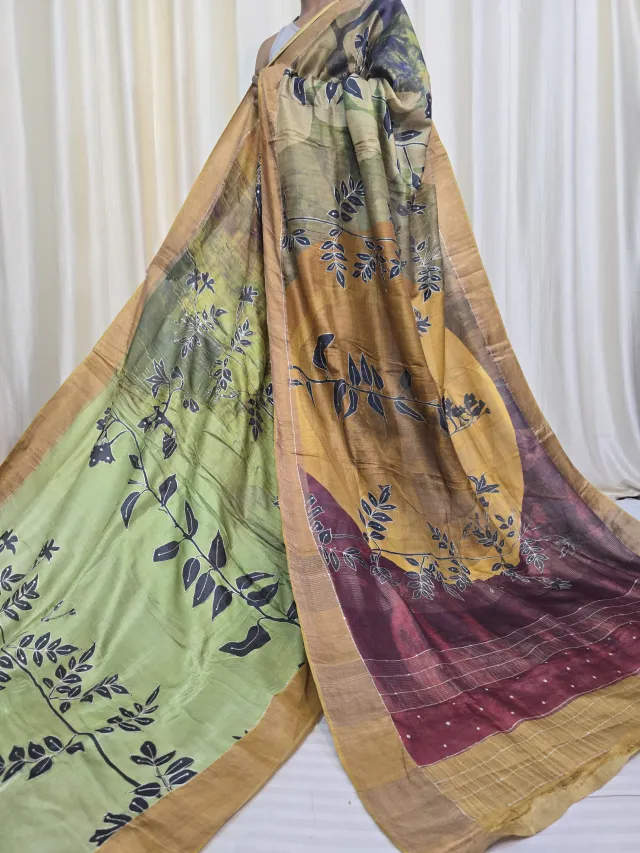 Pista Green, Mustard Yellow and Wine Jari Par Pure Gachi Tussar Silk Saree with Petai Work