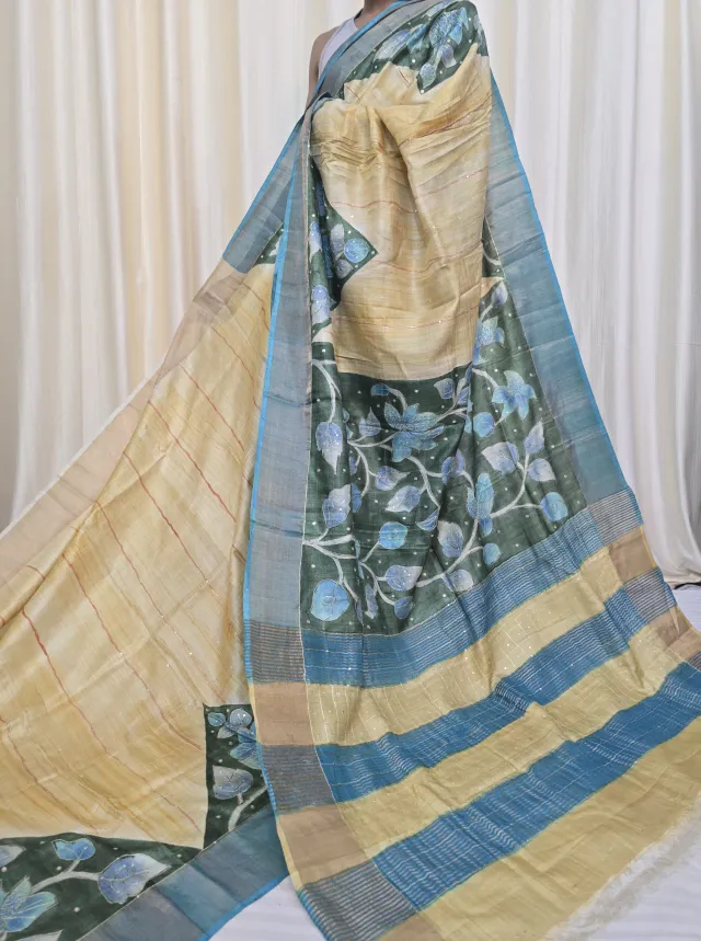 Beige and Ocean Blue Jari Par Pure Gachi Tussar Silk Saree with Petai Work