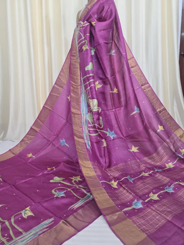 Rani Pink Jari Par Pure Gachi Tussar Silk Saree with Petai Work Crane Motifs