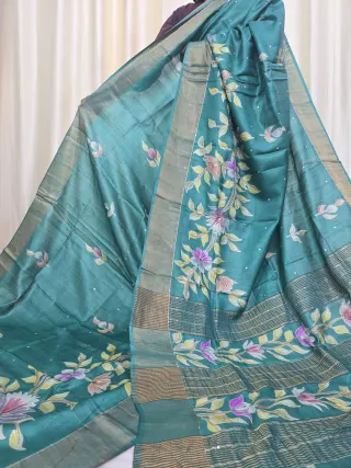 Sea Green Jari Par Pure Gachi Tussar Silk Saree with Petai Work