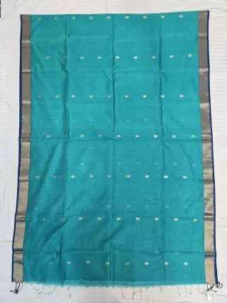 Sea Green and Royal Blue Maheshwari Pure Silk Saree with Zari Butis
