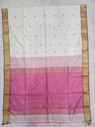 Off-White and Rose Pink Maheshwari Pure Silk Saree with Zari