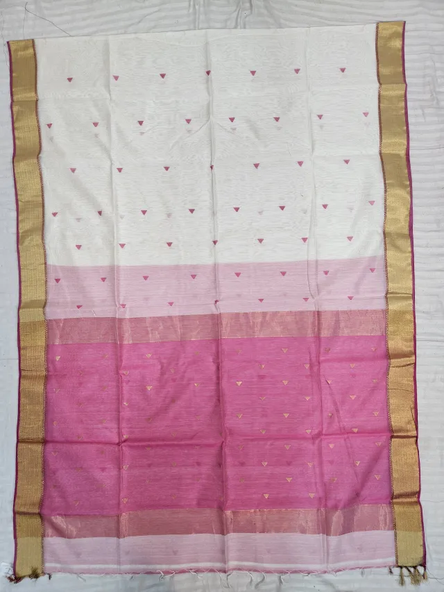 Off-White and Rose Pink Maheshwari Pure Silk Saree with Zari