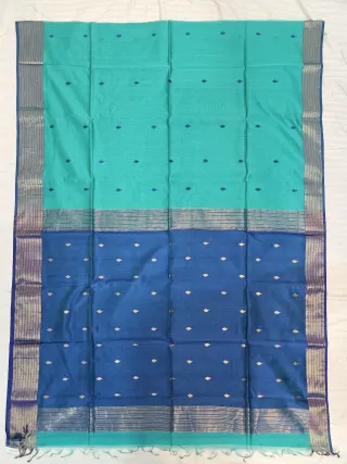 Sea Green and Peacock Blue Maheshwari Pure Silk Saree with Zari Details