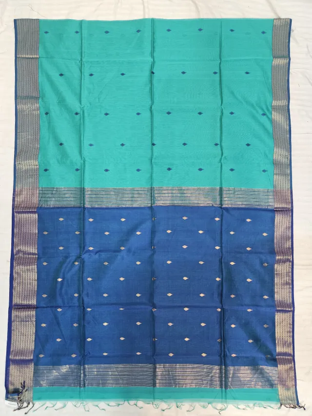 Sea Green and Peacock Blue Maheshwari Pure Silk Saree with Zari Details