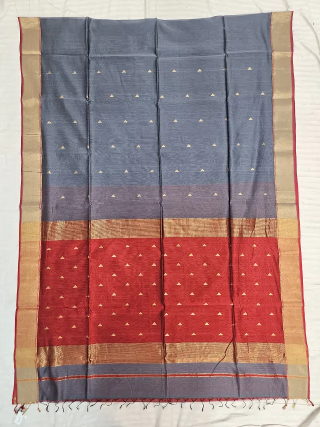 Steel Grey and Red Contrast Maheshwari Pure Silk Saree with Zari Butis
