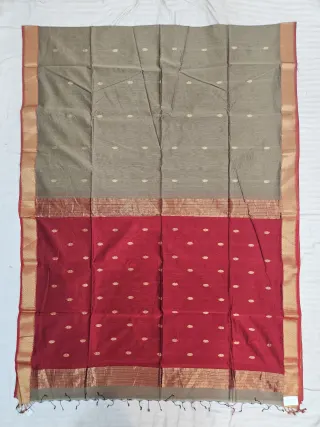 Ash Grey and Red Contrast Maheshwari Pure Silk Saree with Zari Butis