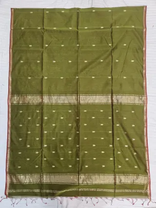 Olive Green Maheshwari Pure Silk Saree with Zari Butis