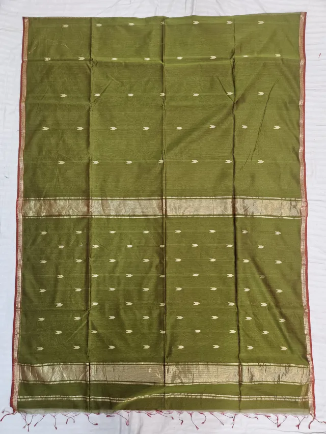 Olive Green Maheshwari Pure Silk Saree with Zari Butis