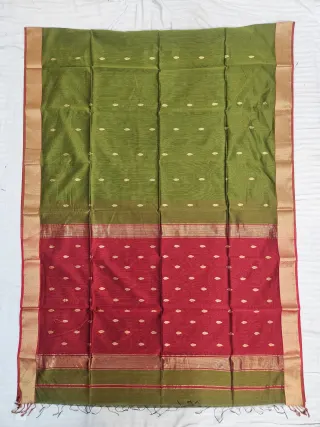 Olive Green and Red Contrast Maheshwari Pure Silk Saree with Zari Butis