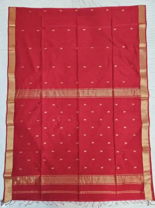 Scarlet Red Maheshwari Pure Silk Saree with Zari Butis