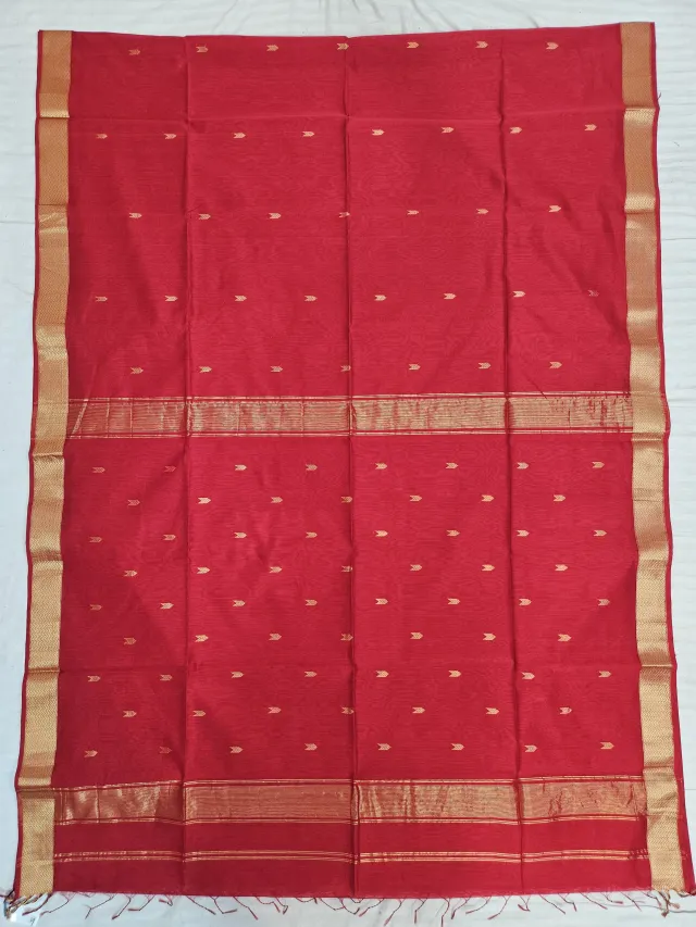 Scarlet Red Maheshwari Pure Silk Saree with Zari Butis