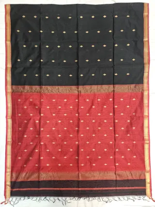Black and Red Contrast Maheshwari Pure Silk Saree with Zari Butis