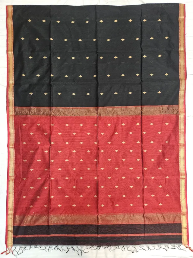 Black and Red Contrast Maheshwari Pure Silk Saree with Zari Butis